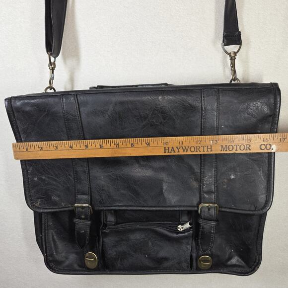 Vintage Leather Satchel Black Mens Laptop Case Business Workwear Designer Buckle - Picture 4 of 15